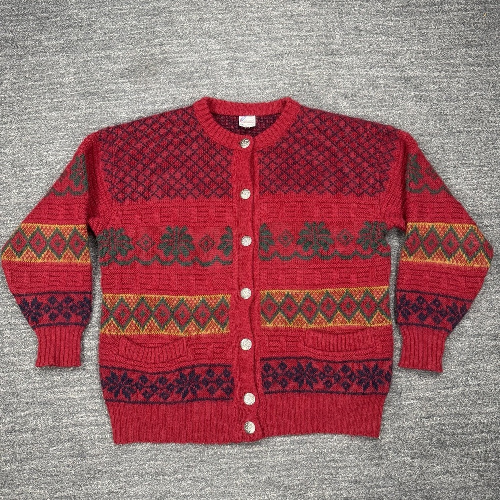 Sigursson Icelandic Sweater Small 38 Red Cardigan Pockets Wool Iceland Geometric
